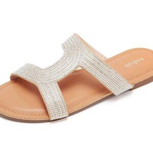 NEW- Size 6 Womens Vodvob Rhinestone Pearl Flat Sandals Sparkly Sandals Slide